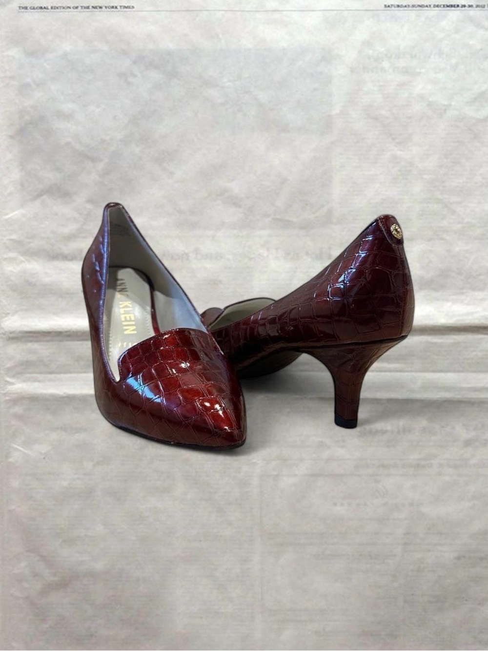 Anne Klein Croc-Embossed Pointed Toe Pumps in Deep Burgundy